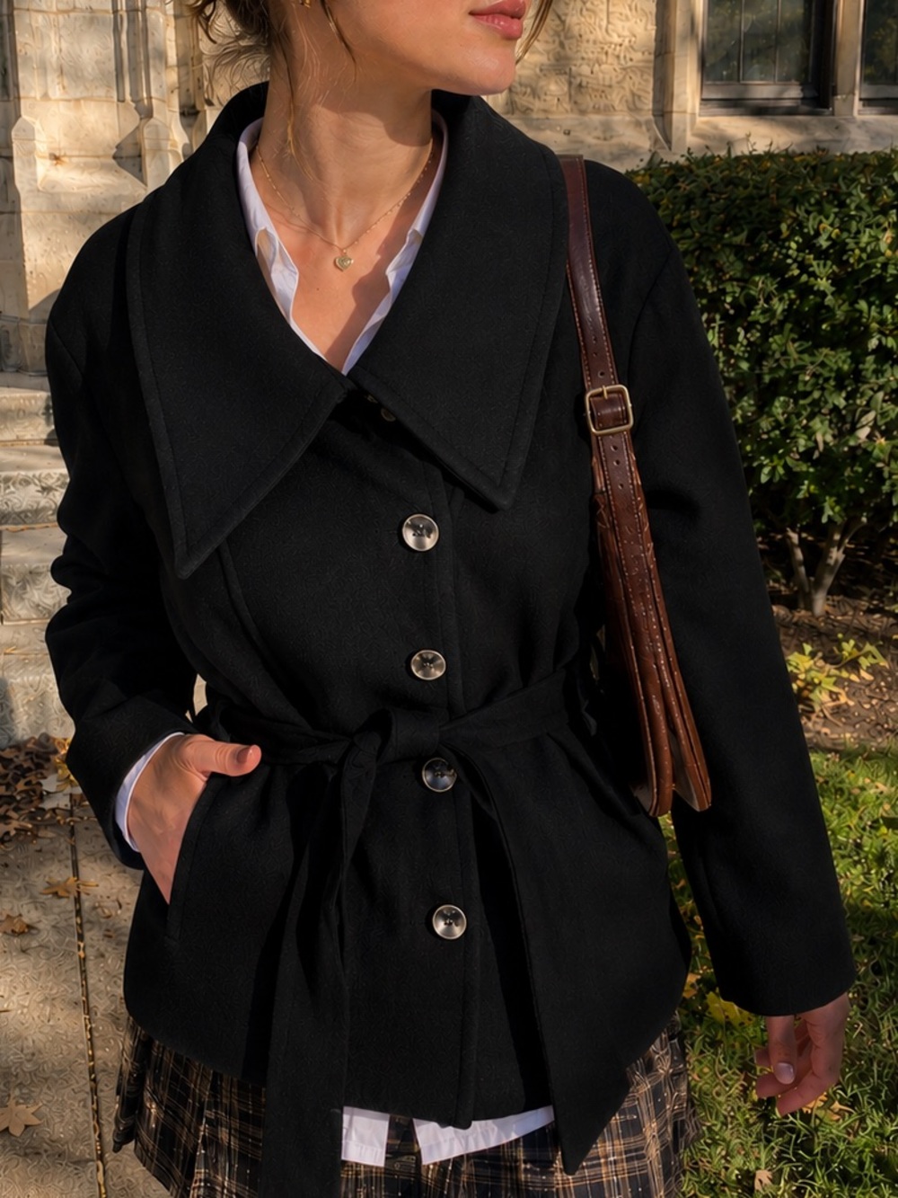 Dué +2 Large Black Wool Blend Short Belt Pea coat Preppy Normcore Academia Y2K
